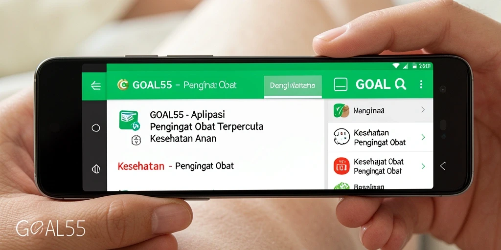 Tampilan antarmuka aplikasi GOAL55 dengan fitur pengingat obat.