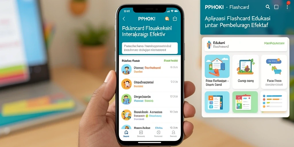 Screenshot antarmuka PPHOKI menunjukkan fungsi flashcard yang interaktif dan menarik.