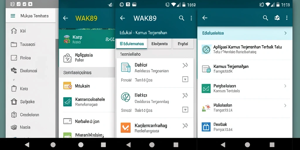 Antarmuka pengguna aplikasi Kamus Terjemahan WAK89 yang intuitif dan menarik.